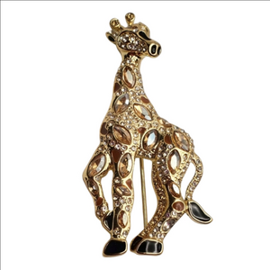 Vintage Large Gold-tone Pave Rhinestone Giraffe Brooch Black Enamel Accents